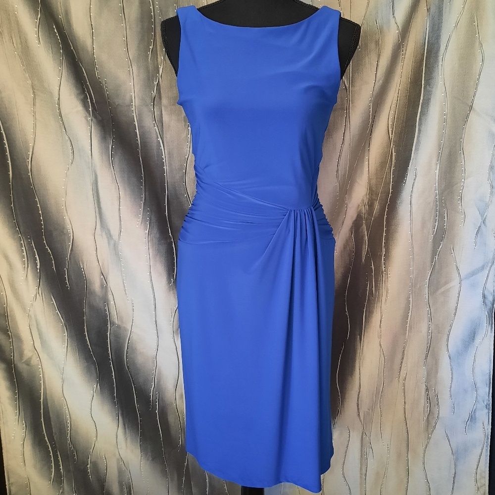 Chaps Cobalt Royal Blue Dress Womens Sz Small Midi Length Side Gather